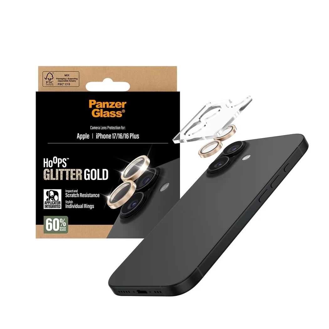 PanzerGlass® Hoops Camera Lens Screen Protector for iPhone 17/16/16 Plus Glitter Gold