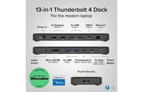 Plugable Thunderbolt™ 4 Dual Display Dock with 100W Host Charging (13 ports)