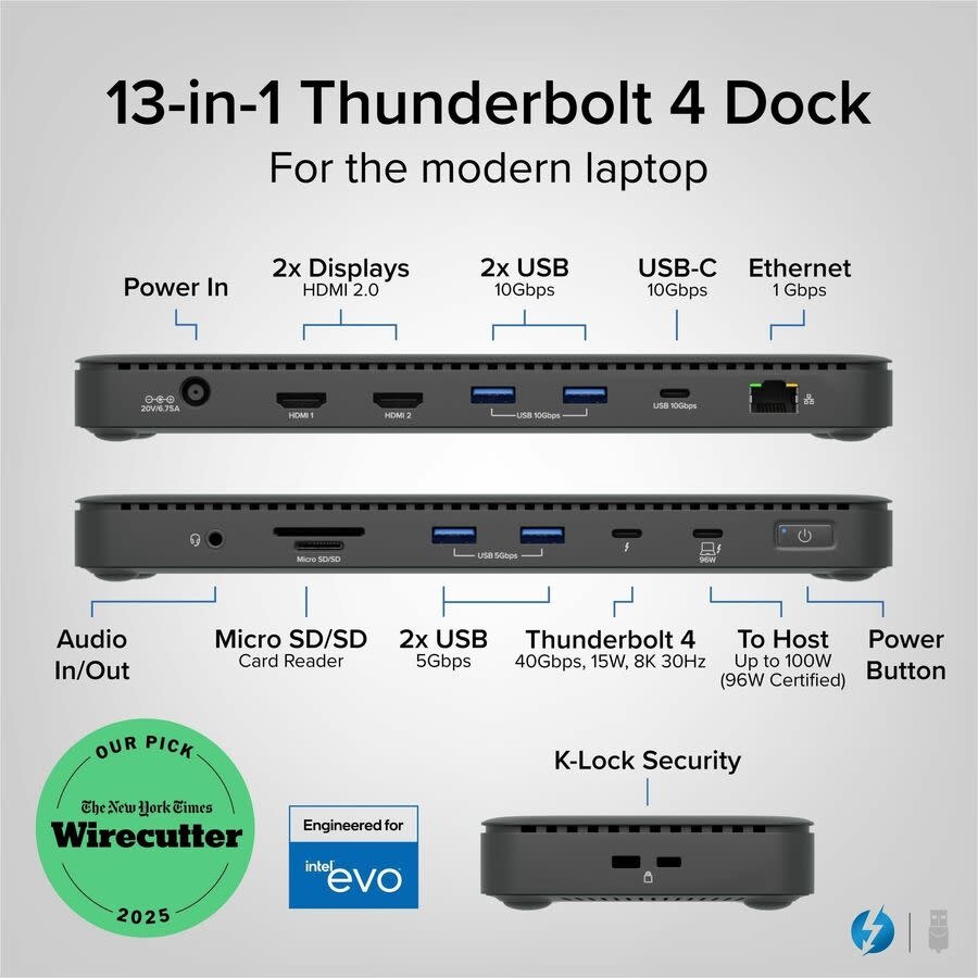 Plugable Thunderbolt™ 4 Dual Display Dock with 100W Host Charging (13 ports)