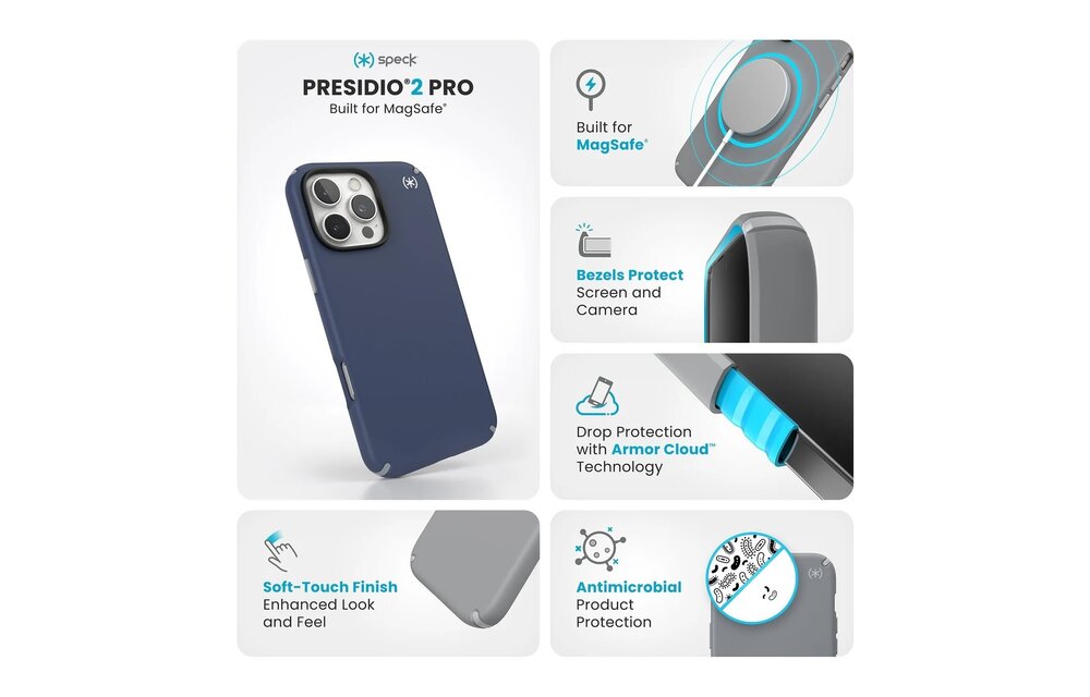 Speck Presidio2 Pro Case with Magsafe for iPhone 16 Pro Max - Coastal Blue/Dust Grey