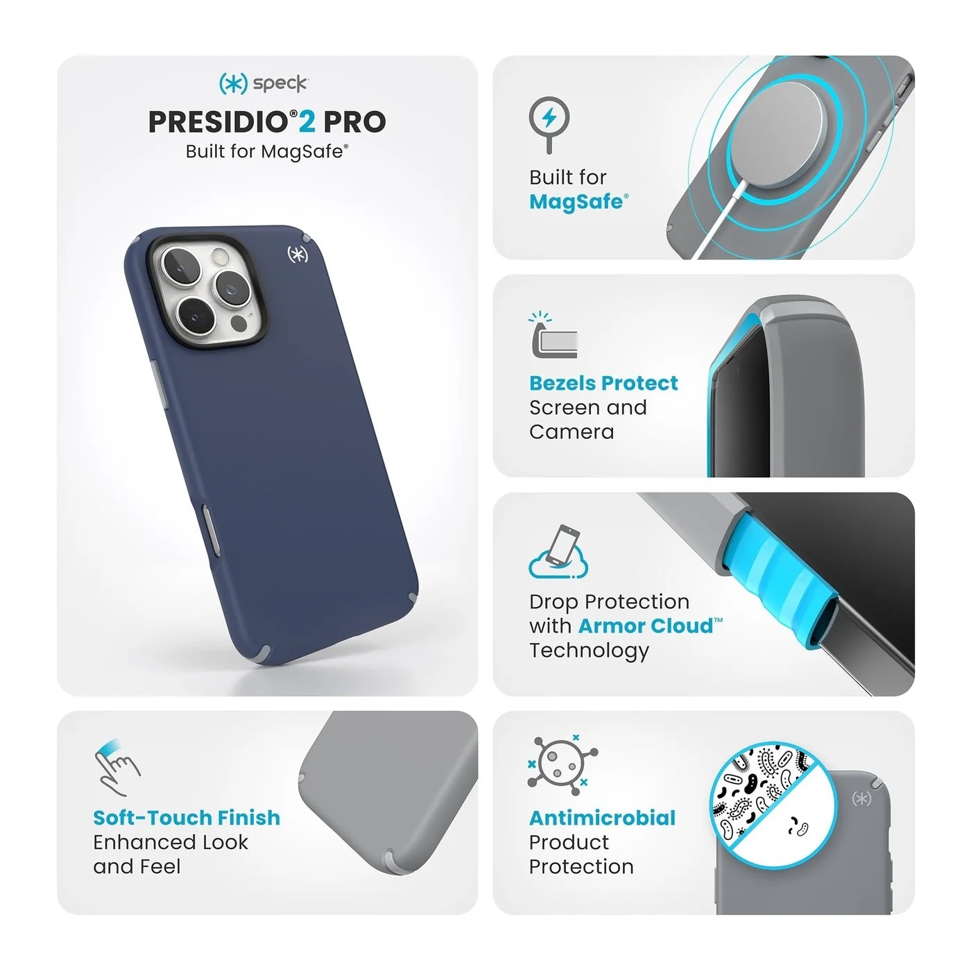 Speck Presidio2 Pro Case with Magsafe for iPhone 16 Pro Max - Coastal Blue/Dust Grey