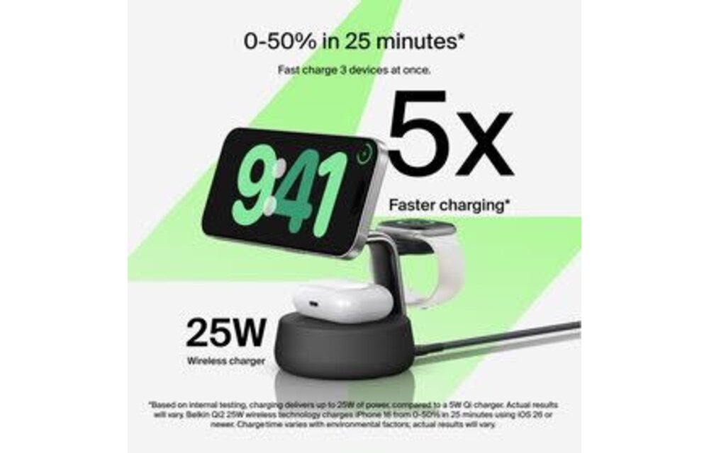 Belkin Ultra Charge  3-in-1 Magnetic Wireless Charging Stand with Qi2 25W Charcoal