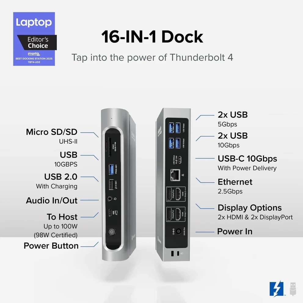 Plugable Thunderbolt™ 4 and USB-C Quad Display Dock with 100W Host Charging (16 ports) | TBT4-UDZ