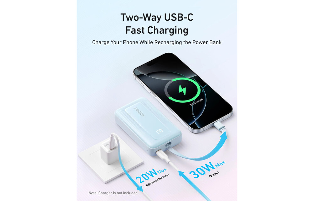 Anker Zolo Power Bank (10K, 30W) with a 5.4-inch (13.7 cm) built-in USB-C cable Black