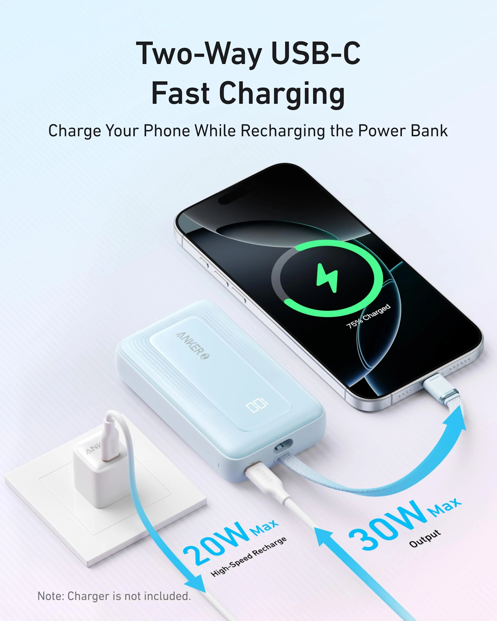Anker Zolo Power Bank (10K, 30W) with a 5.4-inch (13.7 cm) built-in USB-C cable Black