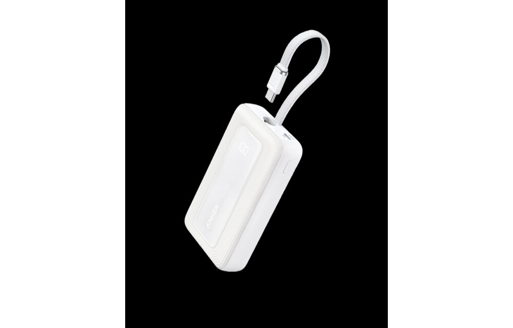 Anker Zolo Power Bank (10K, 30W) with a 5.4-inch (13.7 cm) built-in USB-C cable White