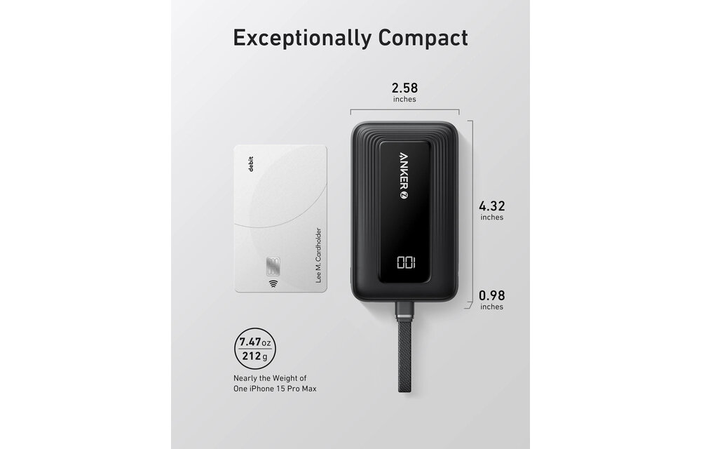Anker Zolo Power Bank (10K, 30W) with a 5.4-inch (13.7 cm) built-in USB-C cable White