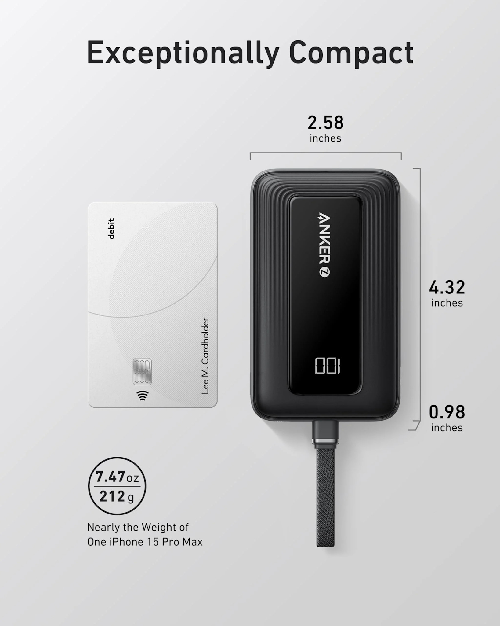 Anker Zolo Power Bank (10K, 30W) with a 5.4-inch (13.7 cm) built-in USB-C cable White
