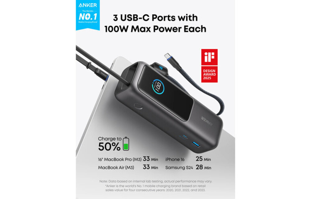 Anker Power Bank (25K, 165W) w/ 2 x USB-C cables