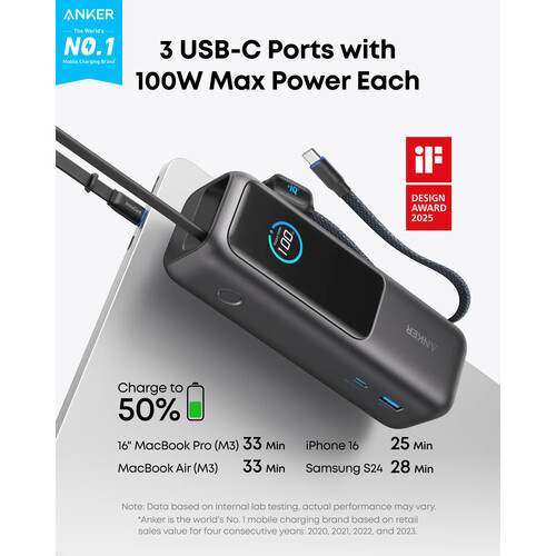Anker Power Bank (25K, 165W) w/ 2 x USB-C cables