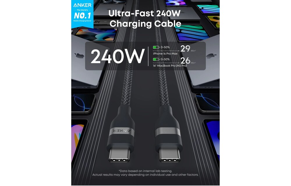 Anker 240w Braided Upcycle USB-C to USB-C Cable 2m Black Stone