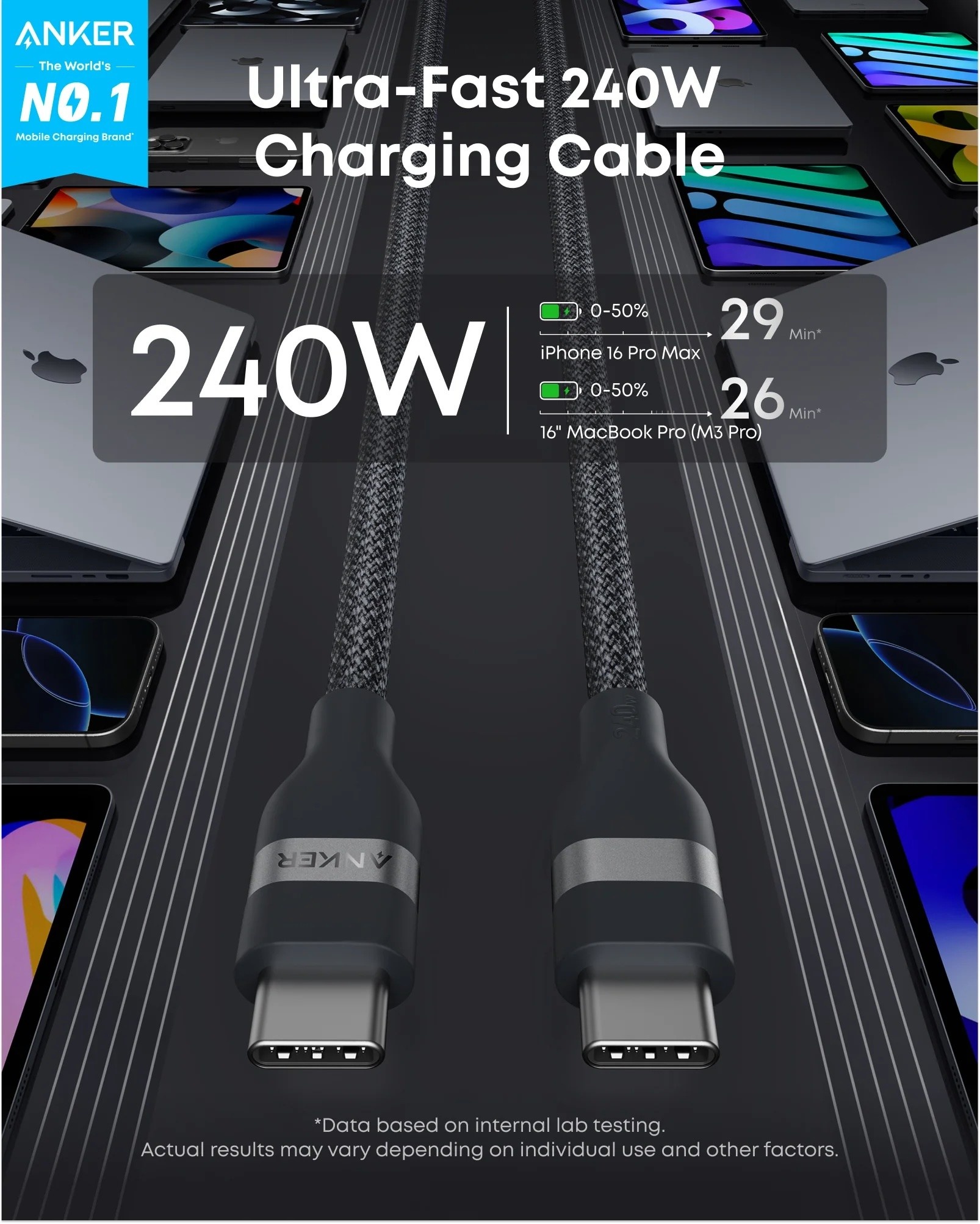 Anker 240w Braided Upcycle USB-C to USB-C Cable 2m Black Stone