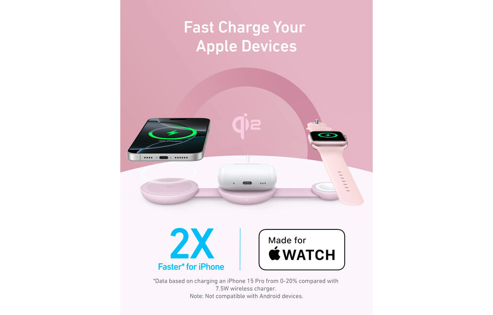 Anker MagGo Wireless Charging Station 3-in-1 Foldable Pink Aura