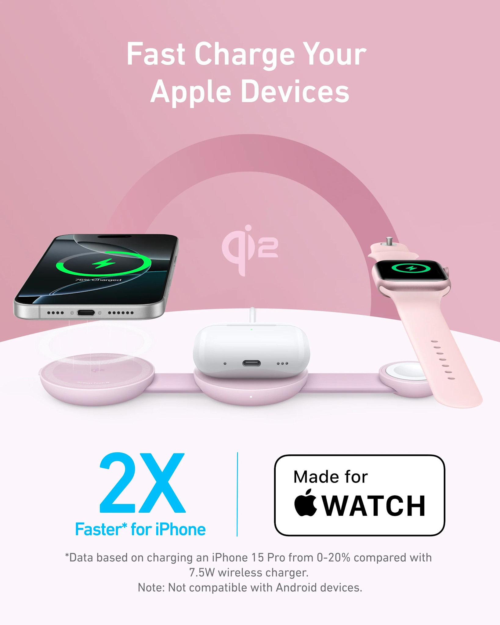 Anker MagGo Wireless Charging Station 3-in-1 Foldable Pink Aura