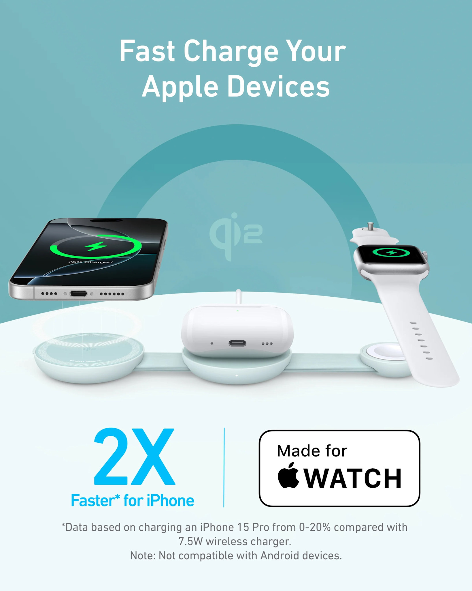Anker MagGo Wireless Charging Station 3-in-1 Foldable Teal Oasis
