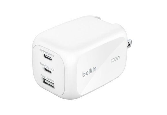 Belkin BOOST↑ CHARGE Pro 100w 3 Port GaN Wall Charger(2x USB-C, 1 x USB-A) White
