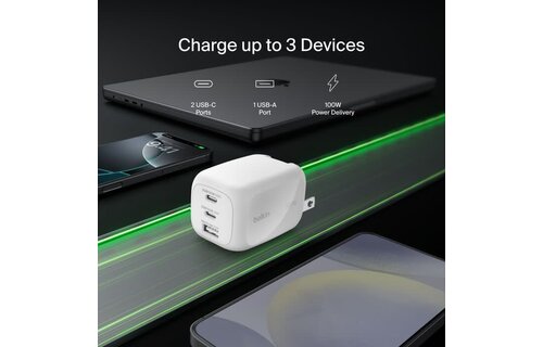 Belkin BOOST↑ CHARGE Pro 100w 3 Port GaN Wall Charger(2x USB-C, 1 x USB-A) White