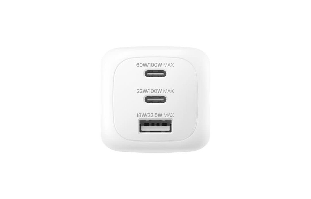 Belkin BOOST↑ CHARGE Pro 100w 3 Port GaN Wall Charger(2x USB-C, 1 x USB-A) White