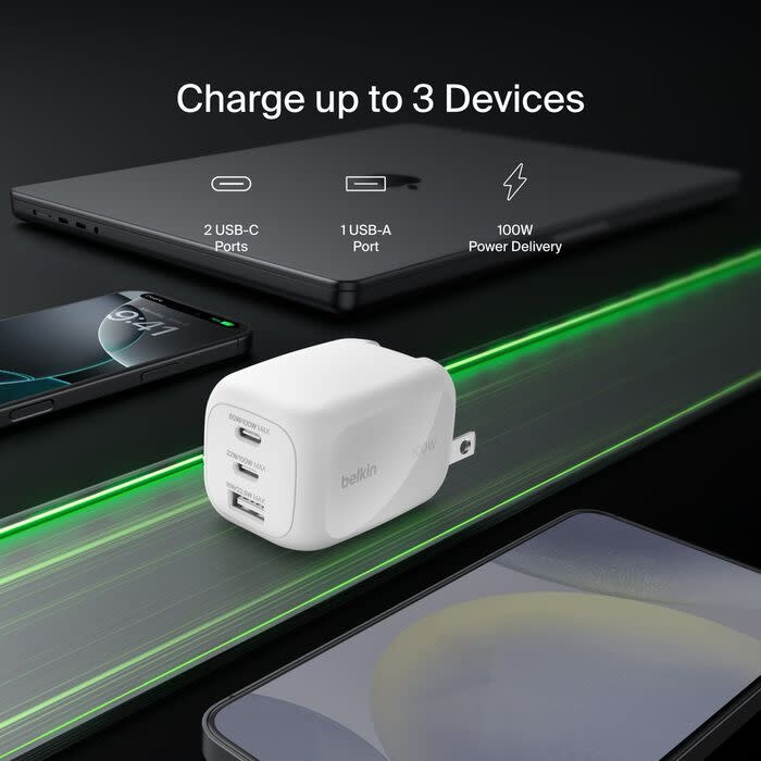 Belkin BOOST↑ CHARGE Pro 100w 3 Port GaN Wall Charger(2x USB-C, 1 x USB-A) White