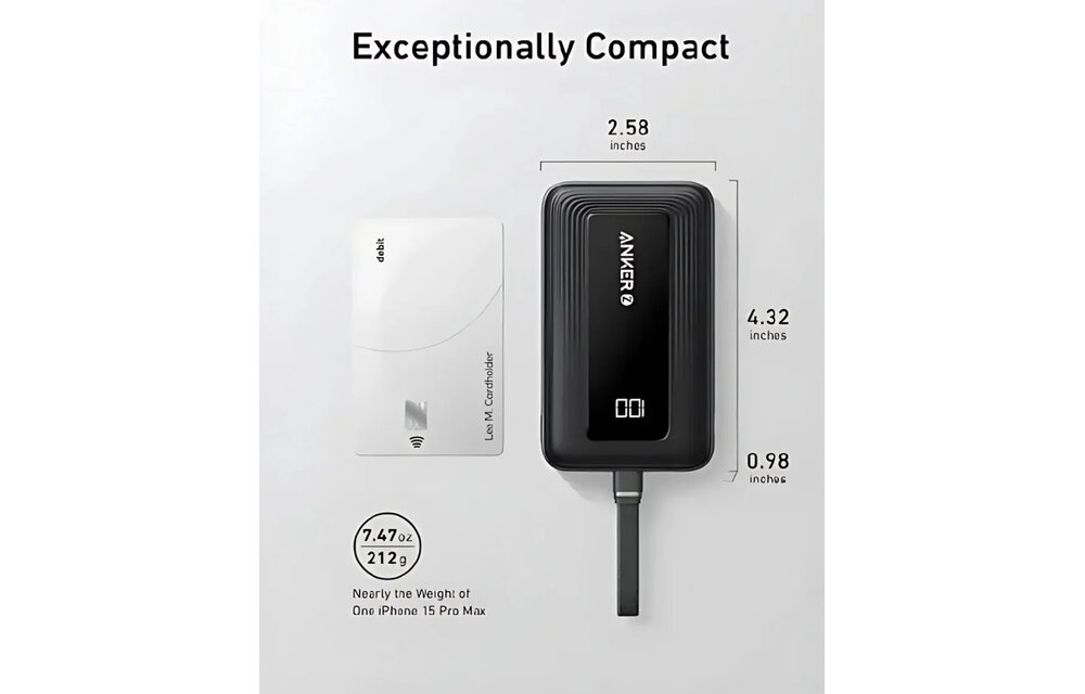 Anker Zolo Power Bank (20K, 30W) with a 5.4-inch (13.7 cm) built-in USB-C cable Black