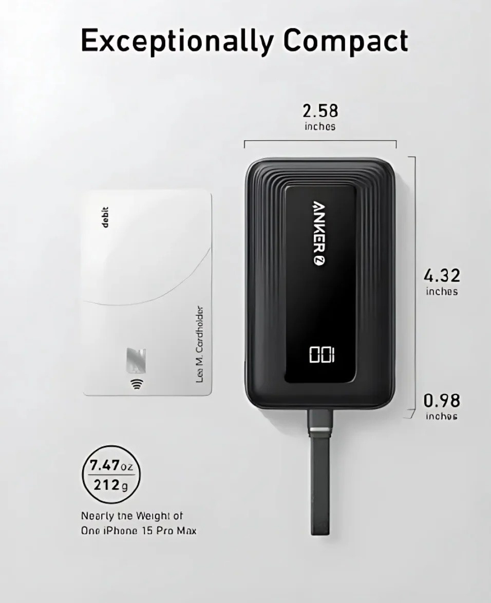 Anker Zolo Power Bank (20K, 30W) with a 5.4-inch (13.7 cm) built-in USB-C cable Black