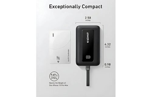 Anker Zolo Power Bank (20K, 30W) with a 5.4-inch (13.7 cm) built-in USB-C cable White