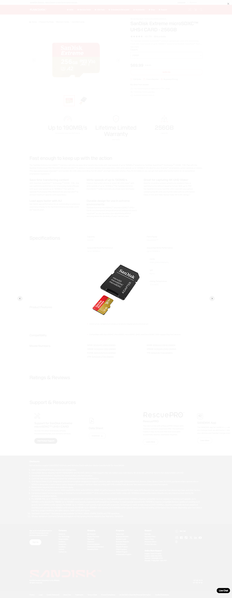 SanDisk 256GB Extreme UHS-I microSDXC  (V30) Memory Card with SD Adapter