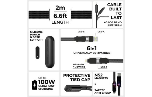 Rolling Square inCharge XL 6-in-1 2m (6.6ft) Cable 100W - Black