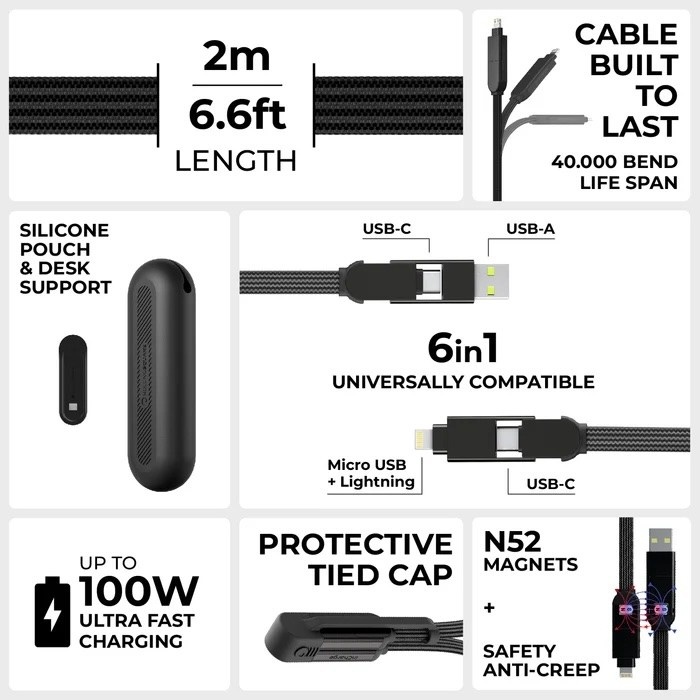 Rolling Square inCharge XL 6-in-1 2m (6.6ft) Cable 100W - Black