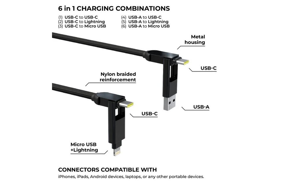 Rolling Square inCharge XL 6-in-1 2m (6.6ft) Cable 100W - Black
