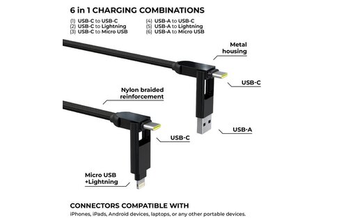 Rolling Square inCharge XL 6-in-1 2m (6.6ft) Cable 100W - Black