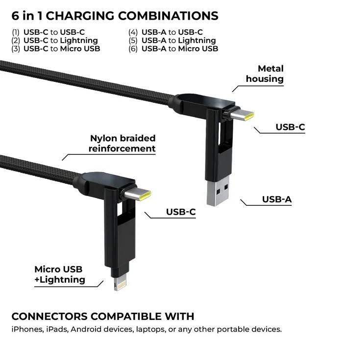 Rolling Square inCharge XL 6-in-1 2m (6.6ft) Cable 100W - Black
