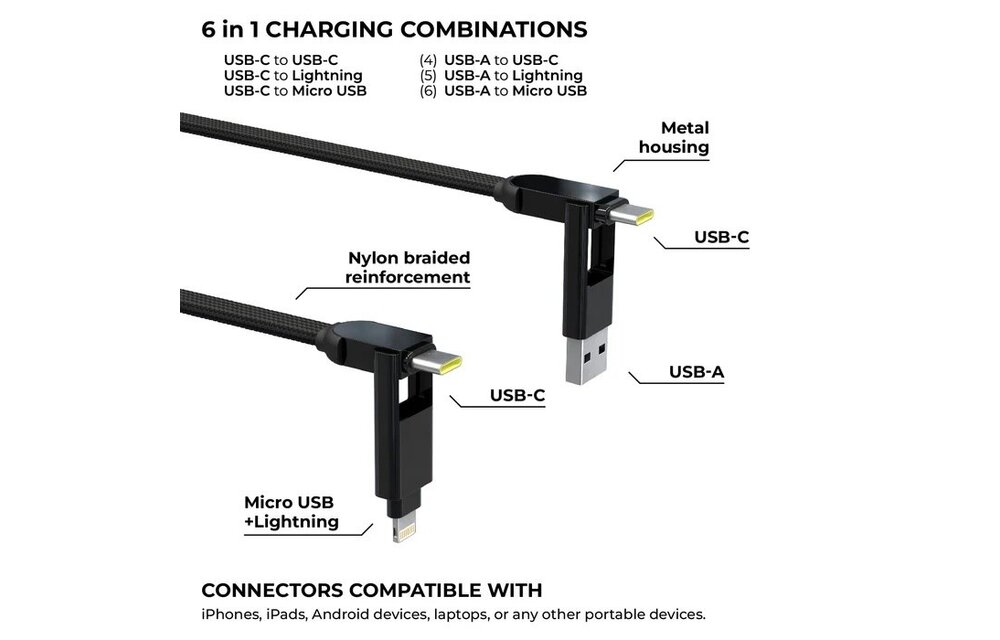 Rolling Square inCharge XL 6-in-1 30cm (1ft) Cable 100W - Black