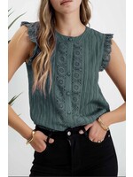 Blu Pepper Eyelet Lace Trim Button Down Sleeveless Blouse