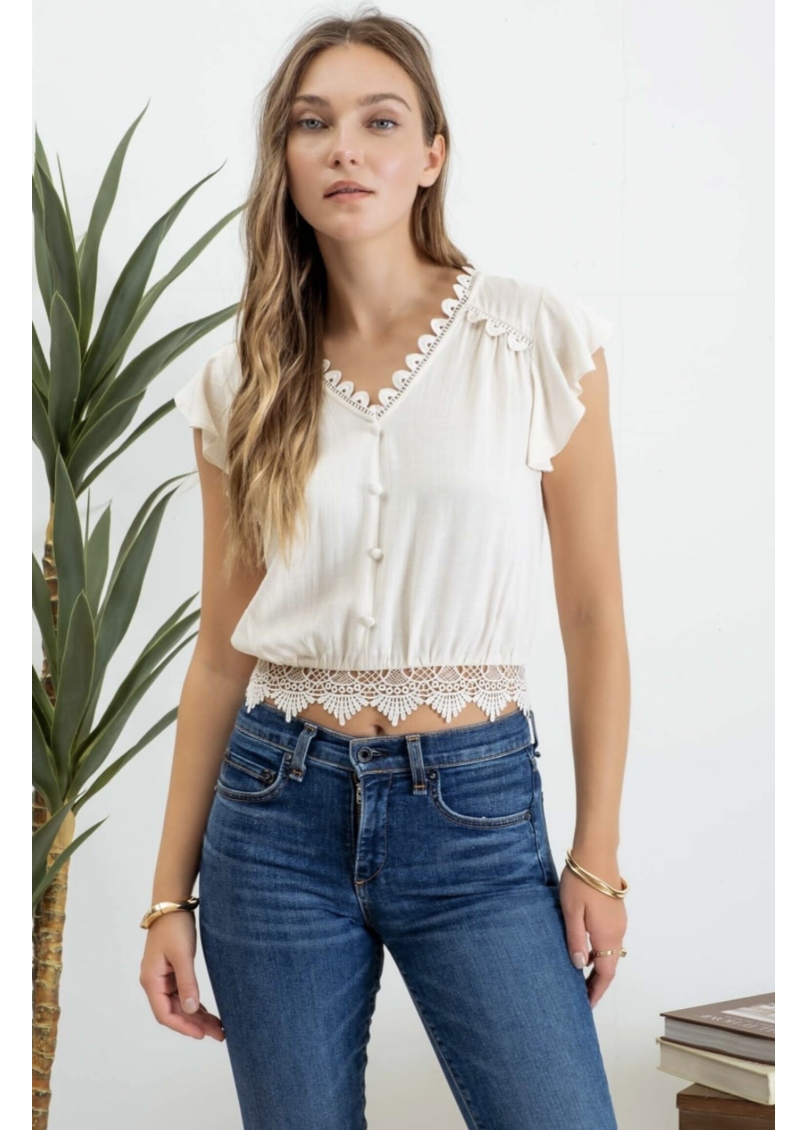 Blu Pepper Scallop Lace Trim Back Tie Short Sleeve Crop Top