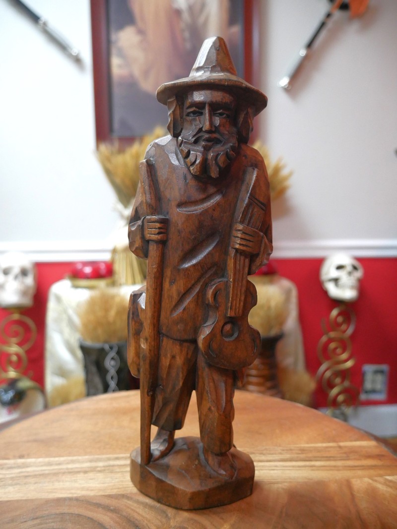 Vintage Wood Carving of Traveling Musician 12"