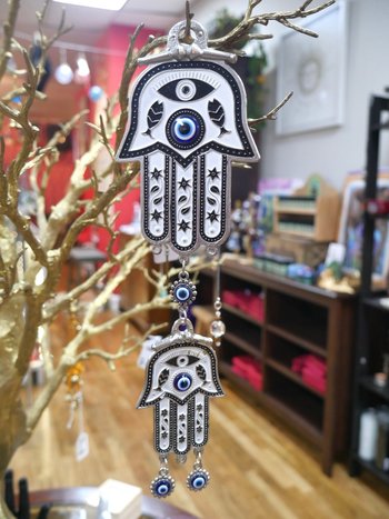 Double White Hand of Fatima Evil Eye Protection Hanging Charm