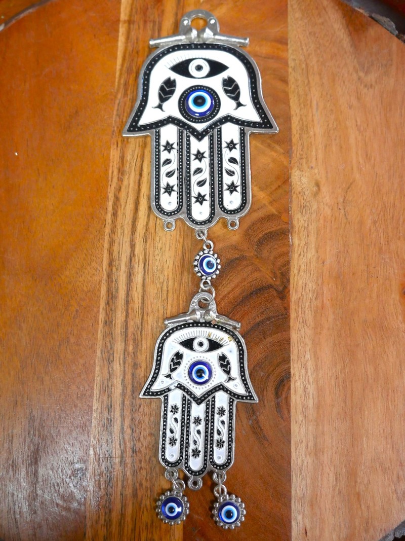 Double White Hand of Fatima Evil Eye Protection Hanging Charm