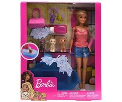 Barbie Barbie Doll, Blonde, And Playset With 3 Puppies, Bathtub And Accessories