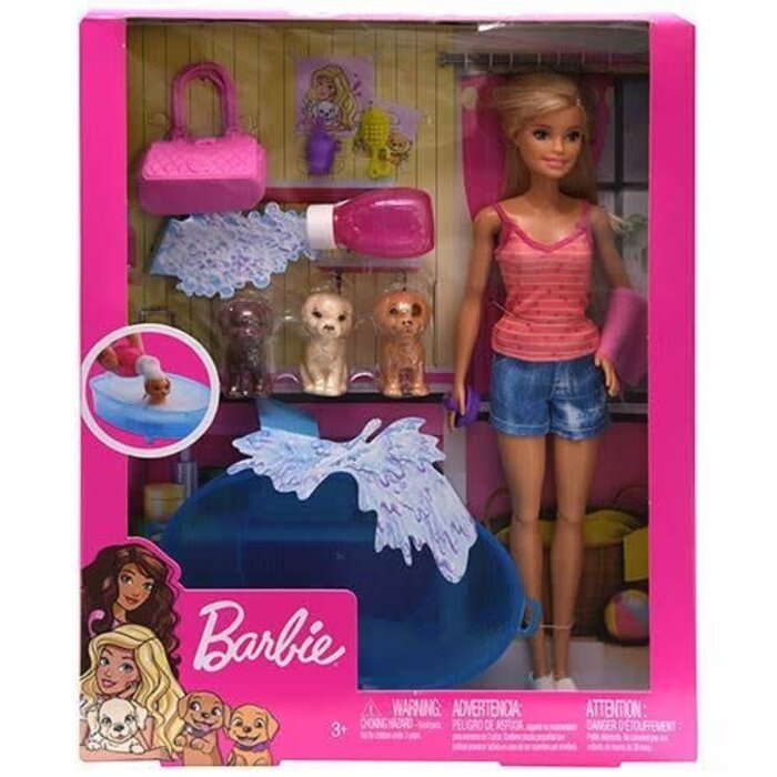 Barbie Barbie Doll, Blonde, And Playset With 3 Puppies, Bathtub And Accessories