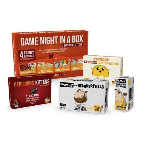 Exploding Kittens Game Night Bundle:  Exploding Kittens, Original, Tacocat Spelled Backwards, Poetry for Neanderthals, Poetry for Neandrothals more cards box