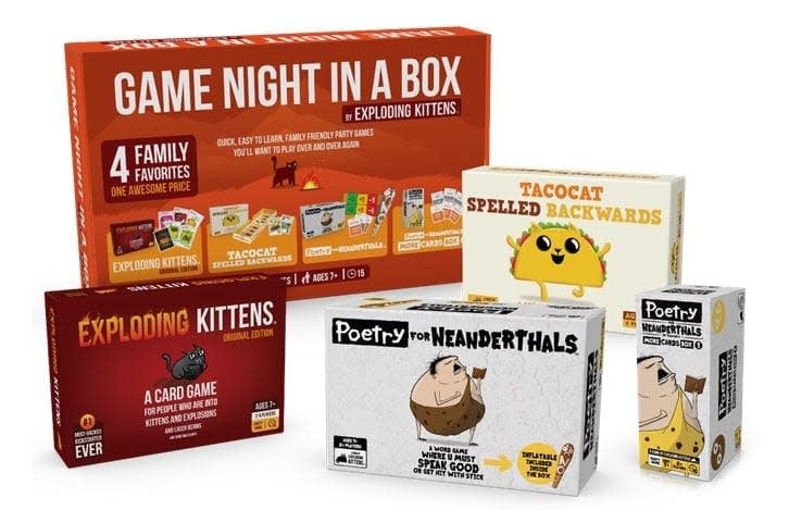 Game Night Bundle: Exploding Kittens, Original, Tacocat Spelled Backwards, Poetry for Neanderthals, Poetry for Neandrothals more cards box