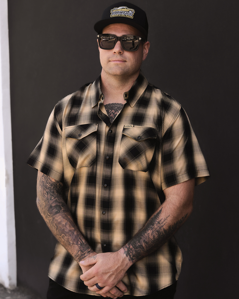 DIXXON MENS BARRIO HERITAGE S/S BAMBOO SHIRT - TAN/BLACK
