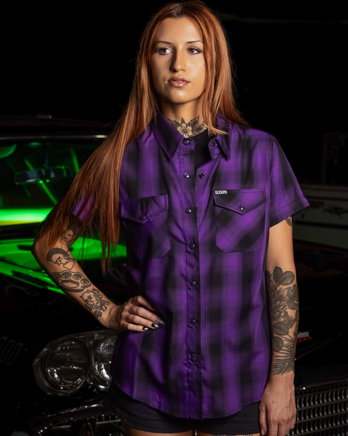 DIXXON WOMENS ROYALTY HERITAGE S/S BAMBOO SHIRT - PURPLE/BLACK