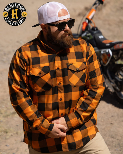 DIXXON MENS FLAT TRACK HERITAGE FLANNEL - ORANGE/BLACK