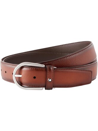 MONTBLANC Ceinture en cuir marron de 35 mm avec boucle en forme de fer à cheval.