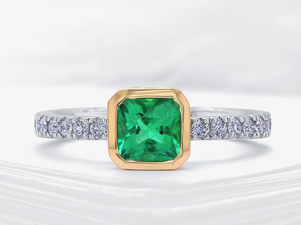 Bague 2T Emeraude 0.54ct dia 14x=0.32ct 18k GR 6.5
