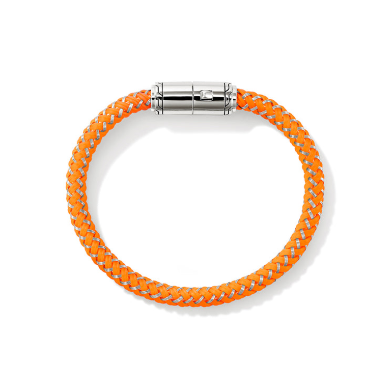 John Hardy Brac. corde en acier et caout. fermoir arg. et émail orange