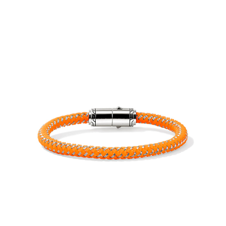 John Hardy Brac. corde en acier et caout. fermoir arg. et émail orange