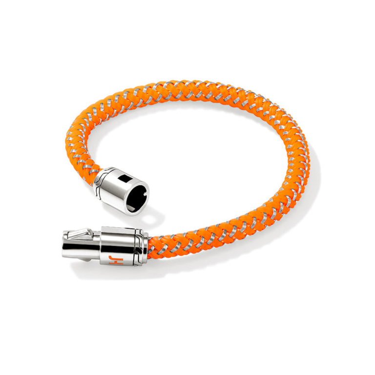 John Hardy Brac. corde en acier et caout. fermoir arg. et émail orange